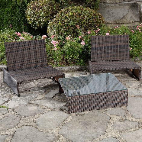 Mucola – Salon de jardin modulable en poly-rotin marron – Ensemble 2 fauteuils, 1 table avec plateau en verre – Coussins hydrofuges amovibles — photo 3