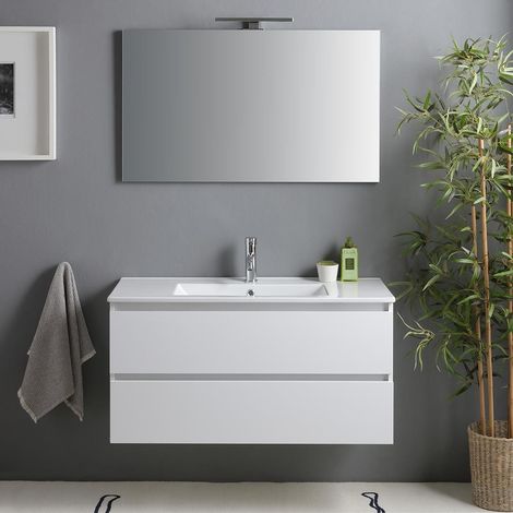 Kiamami Valentina – Meuble de salle de bain suspendu 100cm – Double tiroir blanc brillant – Lavabo en céramique intégré – Miroir avec lampe 100x60 — photo 2
