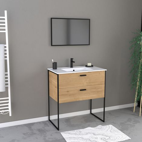 Aurlane – Ensemble meuble de salle de bain 90x45cm – Caisson MDF chêne naturel – Vasque céramique blanche avec trop plein – Miroir cadre noir mat — photo 1