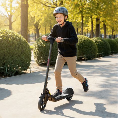 Trottinette électrique enfants 6-14 ans, écran LED, lumières RGB, pneus 6,5'', vitesse 10 km/h, démarrage au kick, noir