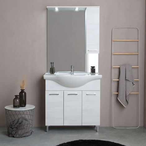 Kiamami Valentina – Meuble de salle de bains au sol 85 cm – Chêne blanc effet bois – 3 portes – Lavabo céramique avec trop-plein – Miroir avec spots LED — photo 2