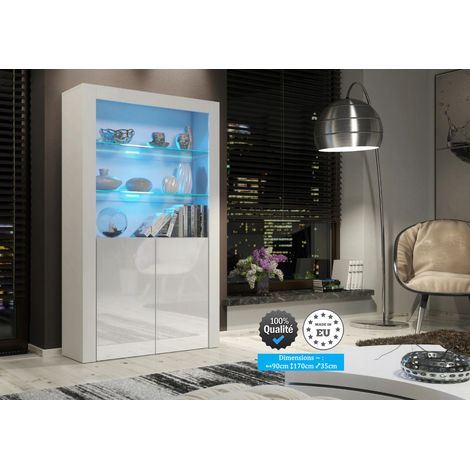 Dusine – Vitrine JIVE 90 cm blanc laqué avec lumières LED bleues – Mélaminé certifié FSC – Dimensions 90x35x170 cm – Fabrication européenne — photo 3