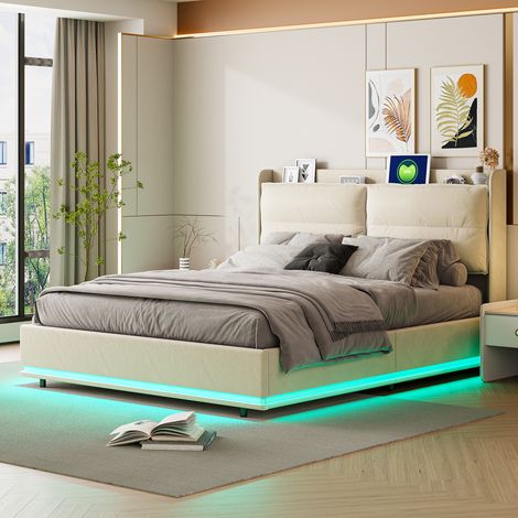Pergar – Lit coffre 140x200 avec sommier – Tissu velours beige – Dossier moelleux – Recharge sans fil avec ports USB et Type-C – LED réglable — photo 2