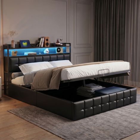 Lit coffre 160x200 cm avec sommier à lattes, lit double capitonné, tête de lit avec rangement, éclairage LED RGB, USB/ C, PU - Noir — photo 1