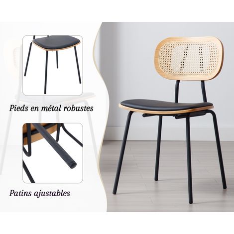 Wahson Lot de 2 chaises en bois noir – Dossier en rotin – Coussins en cuir PU – Pieds métalliques robustes – Chaise salle à manger vintage — photo 3