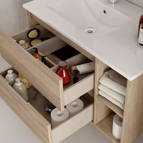 Meuble de salle de bain 120cm vasque déportée - 2 tiroirs et 2 niches - sans miroir - cambrian (chêne clair) - OLYMPE — photo 2