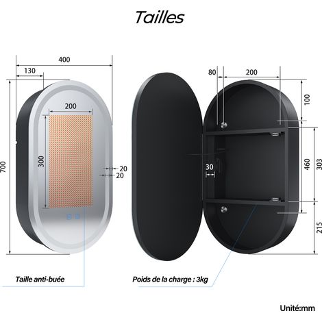 SIRHONA Armoire de toilette ovale à LED, avec prise rasoir, désembuage et 3 modes d'éclairage 400x700mm Armoire murale de salle de bain — photo 5