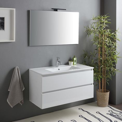 Kiamami Valentina – Meuble de salle de bain suspendu 100cm – Double tiroir blanc brillant – Lavabo en céramique intégré – Miroir avec lampe 100x60 — photo 1