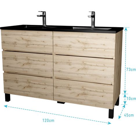 meuble de salle de bains 120 cm 6 tiroirs chêne naturel + vasque double céramique noire - timber — photo 5