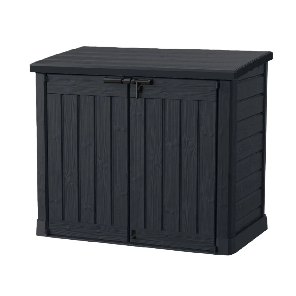 2026 Coffre de rangement de jardin effet bois noir, armoire basse en résine PP étanche