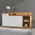Aparador de 140 cm con iluminación LED, 2 puertas, 3 cajones y 2 compartimentos abiertos para salón y comedor, blanco y color madera — photo 1