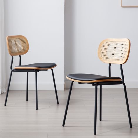 Wahson Lot de 2 chaises en bois noir – Dossier en rotin – Coussins en cuir PU – Pieds métalliques robustes – Chaise salle à manger vintage — photo 1