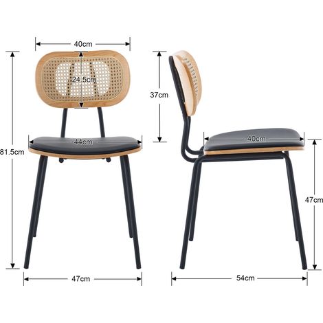 Wahson Lot de 2 chaises en bois noir – Dossier en rotin – Coussins en cuir PU – Pieds métalliques robustes – Chaise salle à manger vintage — photo 2
