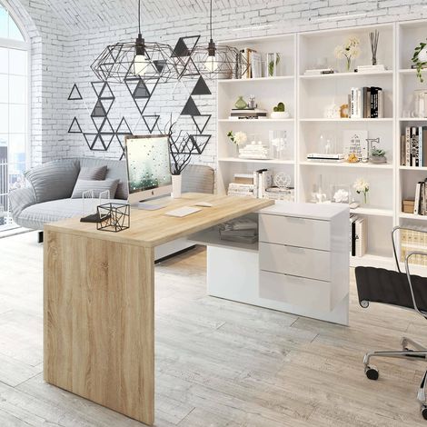 Bureau d'angle réversible en mélaminé – Chêne canadien et blanc Artik – 145 cm longueur x 108 cm profondeur x 73 cm hauteur – 3 tiroirs spacieux – Dimaplast — photo 1