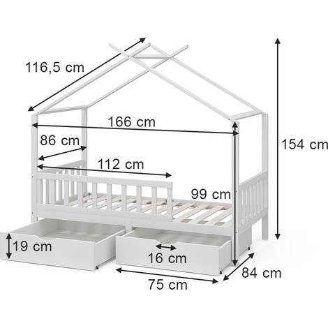 Lit cabane Franka, Blanc, 80x160 cm avec 2 tiroirs, Vitalispa — photo 3