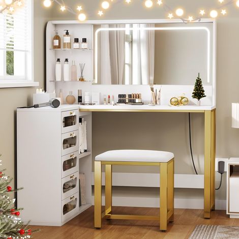 Coiffeuse avec miroir led, Coiffeuse avec Miroir et Tabouret – Design Blanc en L, Parfaite pour Votre Coin Beauté — photo 1