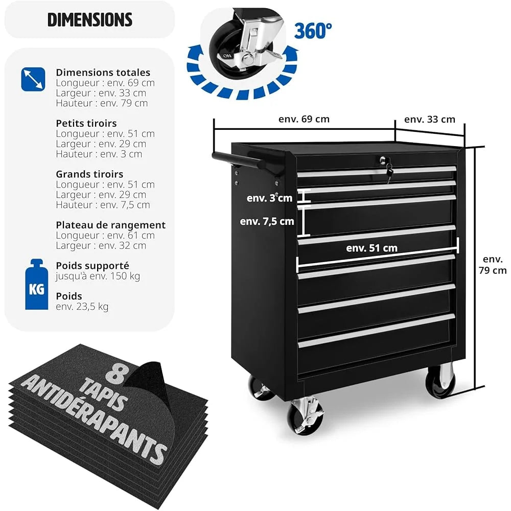 2026 TecTake® Chariot d'atelier Metallique Servante d'atelier Vide Trolley Professionnel 7 Tiroirs spacieux Verrouillabl