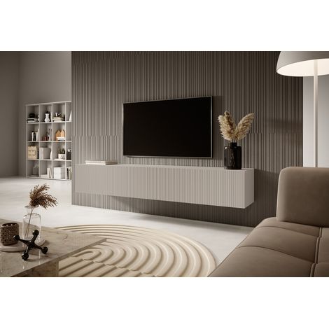 Selsey – Meuble TV 175 cm gris-beige – Façade biseautée – Corps en panneau stratifié résistant – 2 armoires spacieuses pour rangement — photo 3