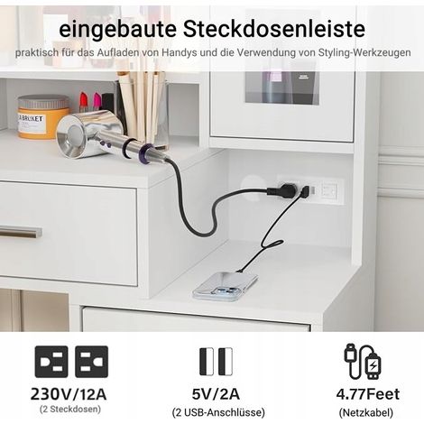 Coiffeuse avec miroir et 10 ampoules LED – Station de charge intégrée – Luminosité réglable – Dimensions 101x40x143 cm – 5 tiroirs, 1 armoire – Blanc — photo 3