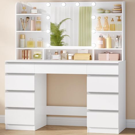 Coiffeuse enfant avec miroir HD et éclairage LED – 10 lumières réglables – 9 tiroirs et 9 étagères ouvertes – Blanc veiné bois — photo 1