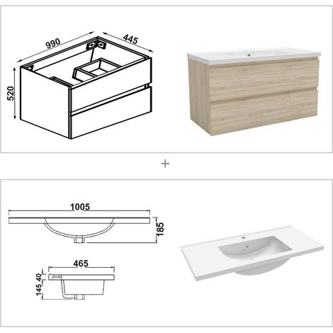 Ocean Sanitaire – Ensemble de meubles de salle de bain chêne avec 2 tiroirs – Dimensions 99x46x52cm – Meuble sous vasque prédécoupé – Vasque à poser — photo 5