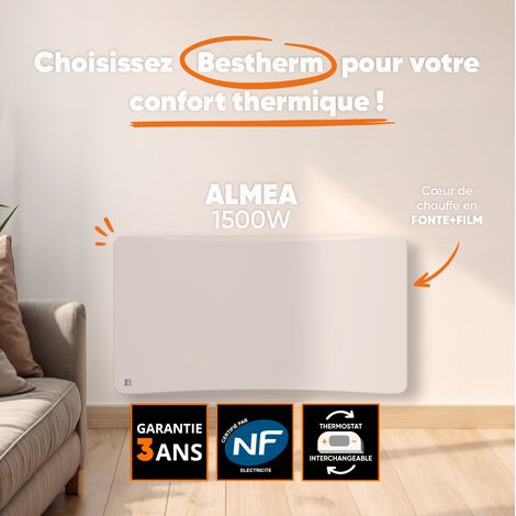 Radiateur électrique fixe à inertie sèche fonte + film avec thermostat interchangeable 1500W Bestherm ALMEA horizontal blanc — photo 3
