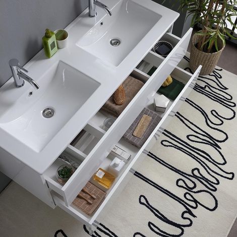 Kiamami Valentina – Meuble de salle de bain suspendu 120cm blanc brillant – Double lavabo en céramique – 2 tiroirs avec fermeture ralentie – Miroir 120x60 et 2 lampes — photo 4