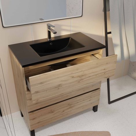 meuble de salle de bains 80 cm 3 tiroirs chêne naturel + vasque céramique noire - timber — photo 2