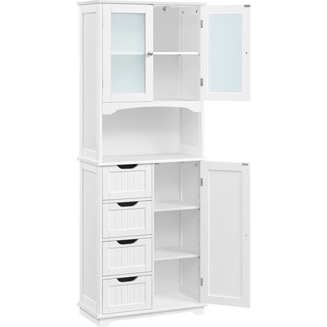 Yaheetech – Colonne de salle de bain avec 4 tiroirs – Placard 2 portes en verre trempé – Étagères réglables – MDF blanc 60 × 30 × 165,5 cm — photo 1