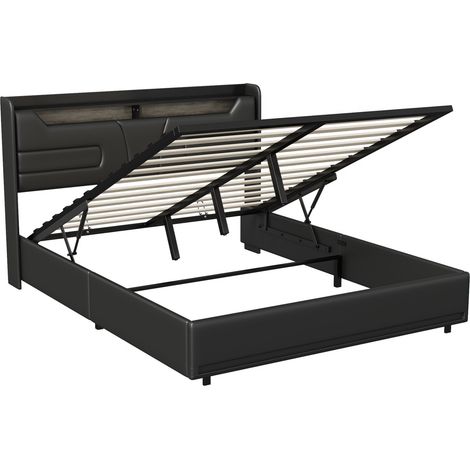 Eifson – Lit coffre 160x200 cm avec éclairage LED réglable – Port de charge USB – Rangement hydraulique – Similicuir noir texturé — photo 4