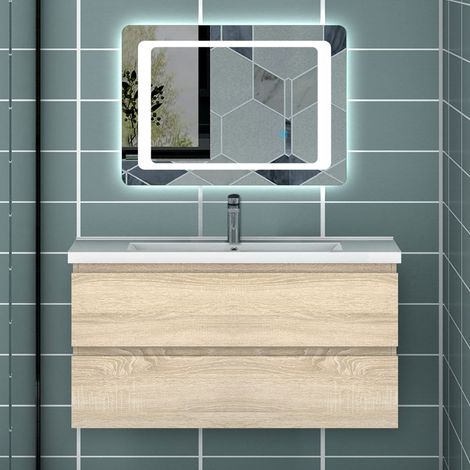 Ocean Sanitaire – Ensemble de meubles de salle de bain chêne avec 2 tiroirs – Dimensions 99x46x52cm – Meuble sous vasque prédécoupé – Vasque à poser — photo 2