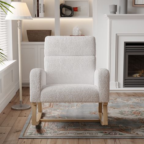 Eifson – Fauteuil à bascule scandinave en tissu sherpa – Dossier inclinable – Accoudoirs avec poches de rangement – Pieds en bois massif – 69x78x87cm — photo 6