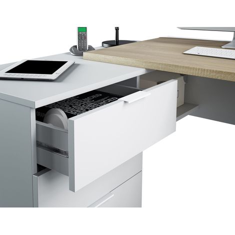 Bureau d'angle réversible en mélaminé – Chêne canadien et blanc Artik – 145 cm longueur x 108 cm profondeur x 73 cm hauteur – 3 tiroirs spacieux – Dimaplast — photo 4