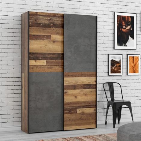 Les Tendances – Armoire coulissante 2 portes 120x42x190,5 cm – Panneaux de particules – Finition vieux bois vintage et béton gris foncé – 6 tablettes — photo 5