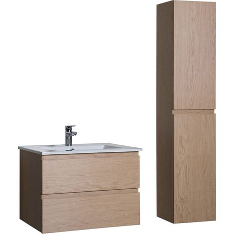 Mob-In – Ensemble meuble salle de bain 60cm – Vasque simple avec colonne 140cm – Décor chêne – Panneau mélaminé résistant — photo 1