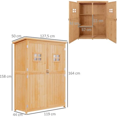 Outsunny – Armoire de jardin en sapin massif 127,5x50x164cm – Toit bitumé étanche – 2 étagères à 3 niveaux – Protection UV et humidité