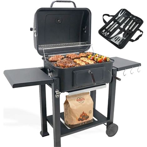 Barbecue Charbon de Bois avec Couvercle  Grille de Cuisson XL 54x43 cm