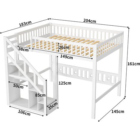 Lit mezzanine 140x200,lit mezzanine enfant avec escalier de rangement,penderie intégrée,étagère de rangement,barrière de lit antichute,lit en bois massif,blanc — photo 5
