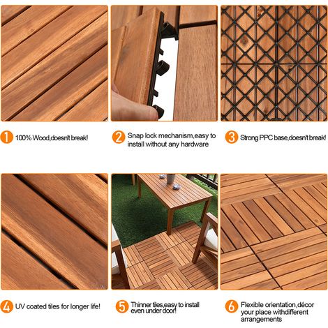 Swanew – Dalles de terrasse en bois d'acacia 30x30 cm – Système clips – Résistantes aux intempéries – Lot de 33 pièces pour 3m² — photo 3