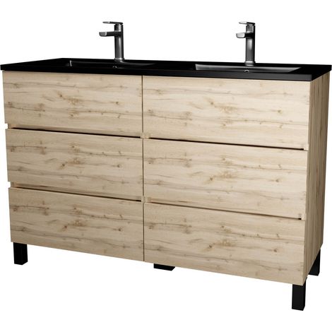 meuble de salle de bains 120 cm 6 tiroirs chêne naturel + vasque double céramique noire - timber — photo 3
