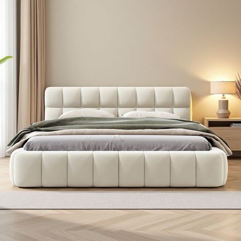 Lit double 160x200 cm, avec tête de lit en forme de guimauve, sommier à lattes en bois, cadre en métal, lit capitonné en coton et lin - Beige — photo 2