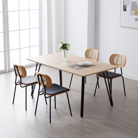Wahson Lot de 2 chaises en bois noir – Dossier en rotin – Coussins en cuir PU – Pieds métalliques robustes – Chaise salle à manger vintage — photo 5