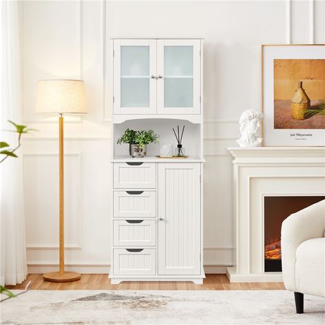 Yaheetech – Colonne de salle de bain avec 4 tiroirs – Placard 2 portes en verre trempé – Étagères réglables – MDF blanc 60 × 30 × 165,5 cm — photo 2