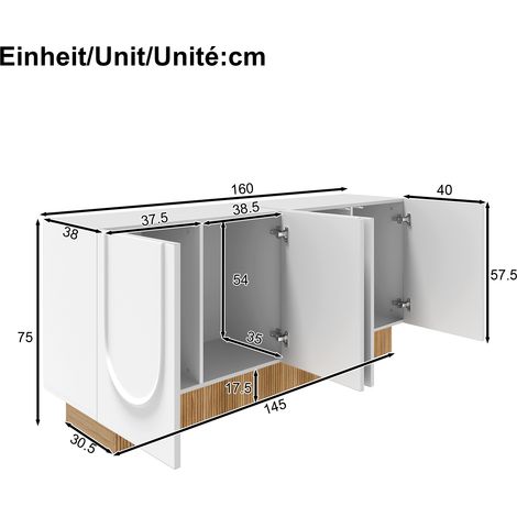 Buffet enfilade 160 cm blanc et bois - bahut de salon moderne avec 4 portes,relief et étagères ajustables -mdf- meuble de rangement salle à manger — photo 3