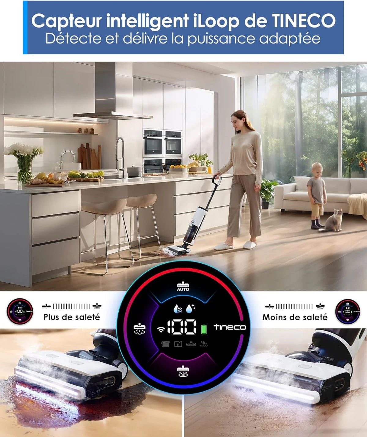 2026 Tineco Floor One S7 Steam Nettoyeur de Sols sans-Fil Balai Vapeur pour Saletés Collantes sur Sols Durs avec Écran Auto-N