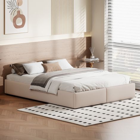 Lit coffre 160x200 cm, avec hydraulique de rangement, 2 tiroirs, sommier à lattes en bois, cadre en métal, lit capitonné en lin - Beige — photo 3