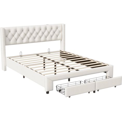 Tanant – Lit avec tiroirs 140x190cm – Tête de lit LED avec ports USB – 2 tiroirs – Sommier à lattes en bois – Velours beige — photo 4