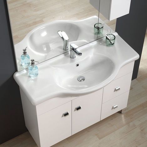 Kiamami Valentina – Ensemble meuble salle de bain 105 cm – Lavabo céramique – Miroir avec éclairage LED – 2 portes et 3 tiroirs – Blanc brillant — photo 3
