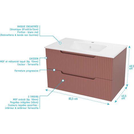 meuble de salle de bains leon 80cm terracotta - 2 tiroirs en mdf ondulés - vasque à encastrer — photo 4