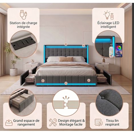 Lit 140x190 cm avec sommier, lit double capitonné, 4 tiroirs,  éclairage LED réglable, deux ports USB/C, style scandinave, Lin - Gris Foncé — photo 3